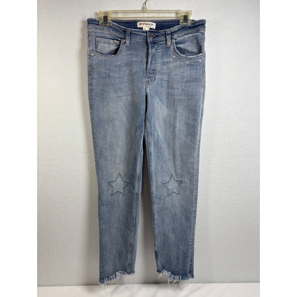 H&M Coachella Jeans Women 10 Blue Cotton Star Patch Frayed Hem Festival Boho